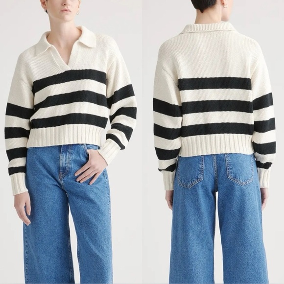 Quince Sweaters - Quince 100% Cotton Cropped Polo Striped Sweater